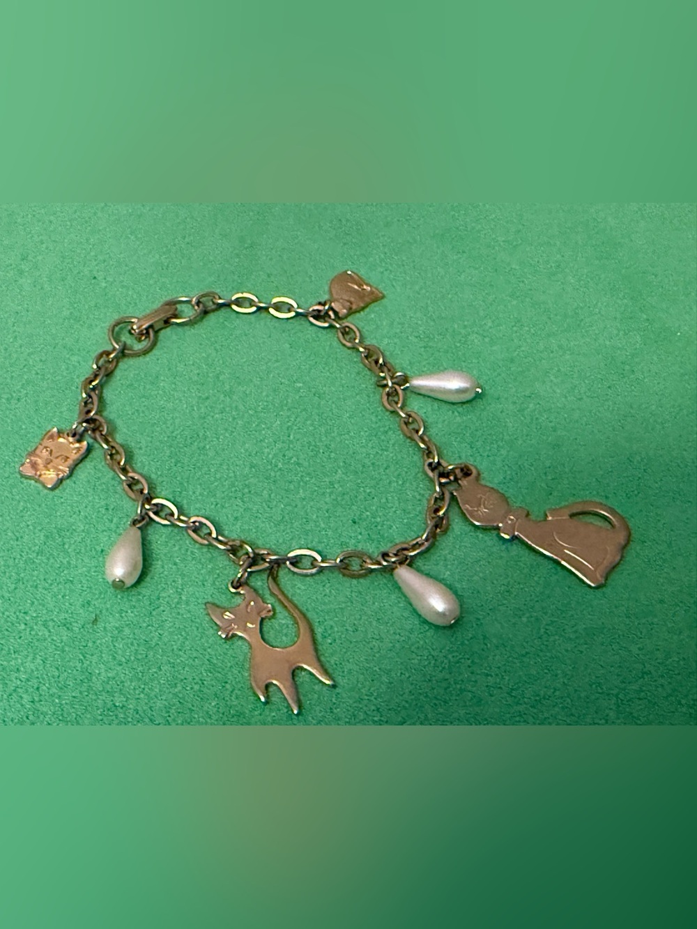 Vintage Gold-Tone Cat & Teapot Charm Bracelet with Pearl Drops